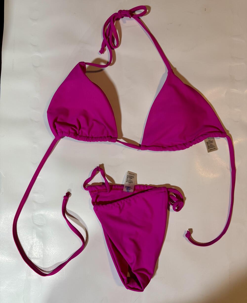 Hot Pink String Bikini Swimsuit Womens Large Two Piece Triangle Top Bottom Set